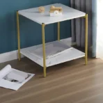 Masuta de cafea moderna cu blat tip marmura si cadru auriu, 2 nivele de depozitare 40x40x43 cm - imagine 6