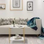 Masuta de cafea moderna cu blat tip marmura si cadru auriu, 2 nivele de depozitare 40x40x43 cm - imagine 5