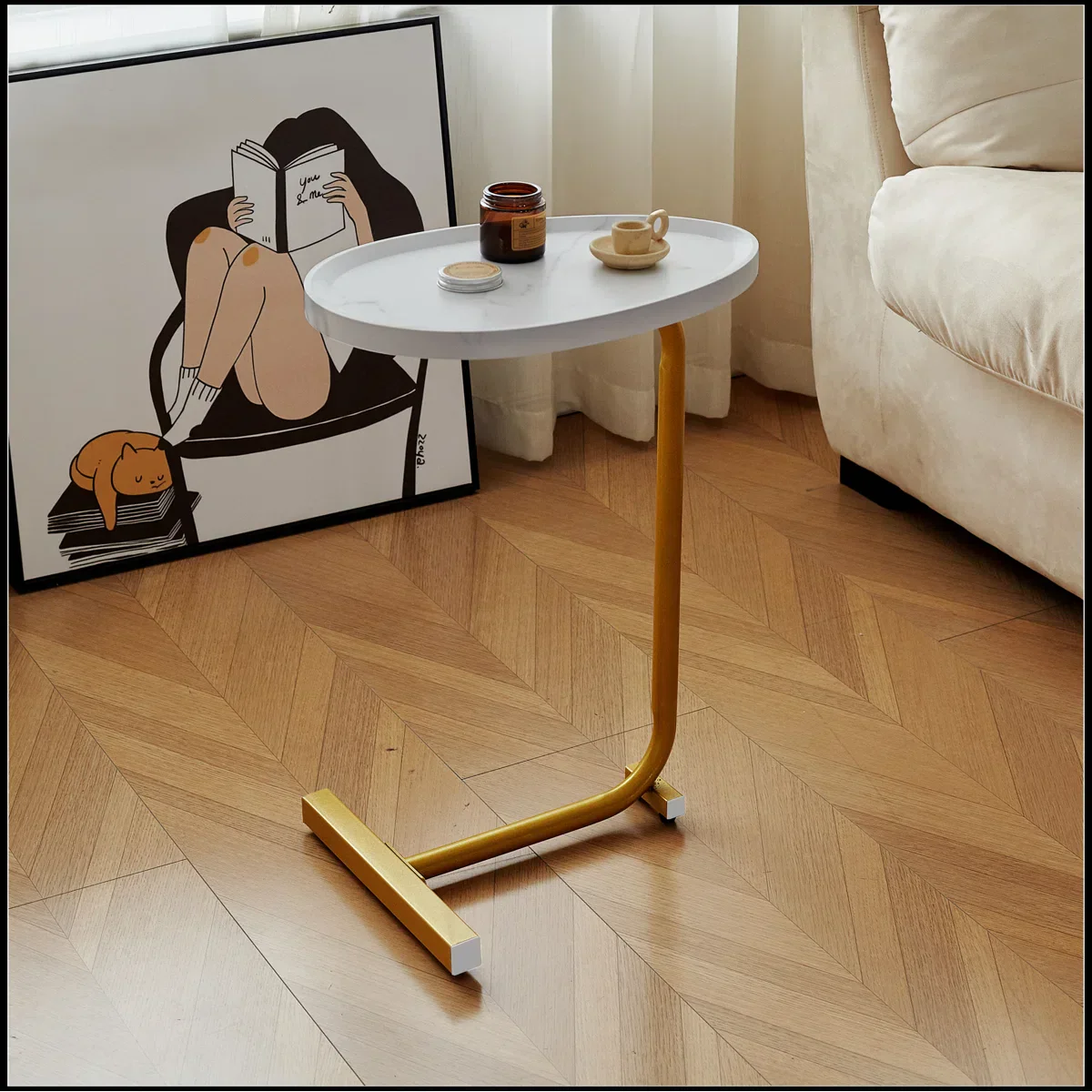 Masuta de cafea design nordic, cu blat alb si cadru metalic auriu , 40x30x60 cm - imagine 4