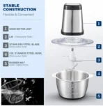 Tocator electric carne si legume, 4 lame inox, 2 viteze, capacitate mare, bol inox - imagine 7